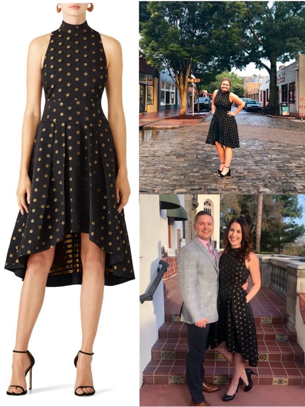 Shoshanna High-Neck hi-lo Black Dress with Gold Dot Print size 6.